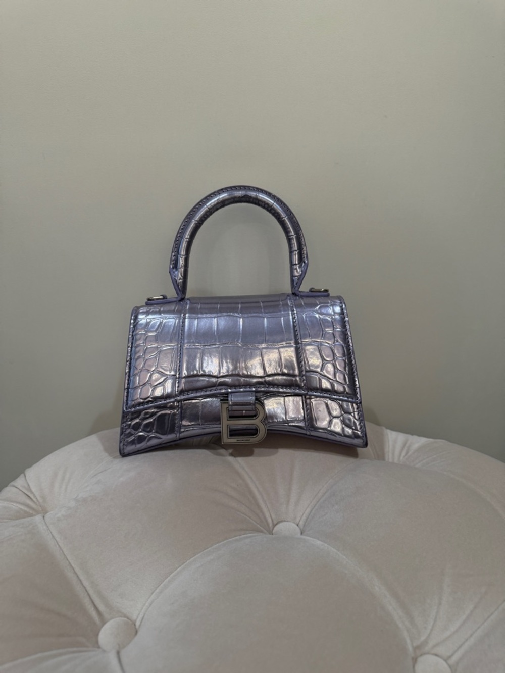 Balenciaga Metallic Croc-Embossed Mini Bag in Iridescent Gray